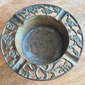 Vintage Brass Ashtray MCM Floral Filigree Ornate Tobacciana 4.5 Inch